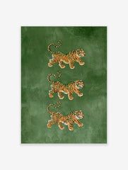 Three stacked tiger illustrations in orange and black on a textured green background, vertical animal art print