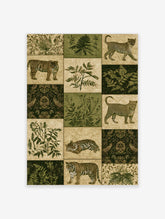 Collage of tigers and leopards with botanical fern and leaf illustrations in earthy greens and beige