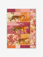 Tiger and leopard collage wall art, walking animals on patterned and jungle backgrounds in warm tones