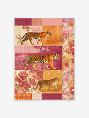 Tiger and leopard collage wall art, walking animals on patterned and jungle backgrounds in warm tones