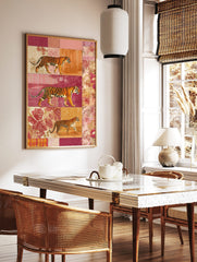 Tiger and leopard collage wall art, walking animals on patterned and jungle backgrounds in warm, in a styled room mockup