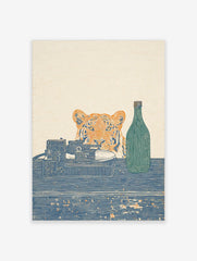 Woodblock style art print of a tiger, record player, and green bottle with Japanese text on a blue surface