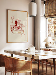 Red line art of a tiger, bottle, and turntable with Japanese calligraphy on a beige background, in a styled room mockup