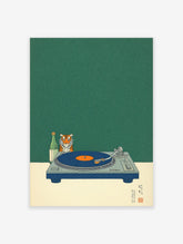 Tiger head, green sake bottle, and blue turntable with orange record on speckled green background