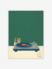 Tiger head, green sake bottle, and blue turntable with orange record on speckled green background