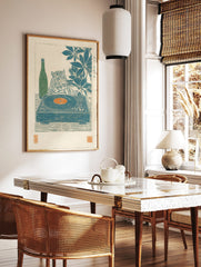 Woodblock style print of a tiger with a record player, orange vinyl, green sake bottle, and large, in a styled room mockup