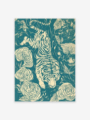 Tiger and floral botanical wall art print with teal and cream graphic illustration of a big cat and large roses