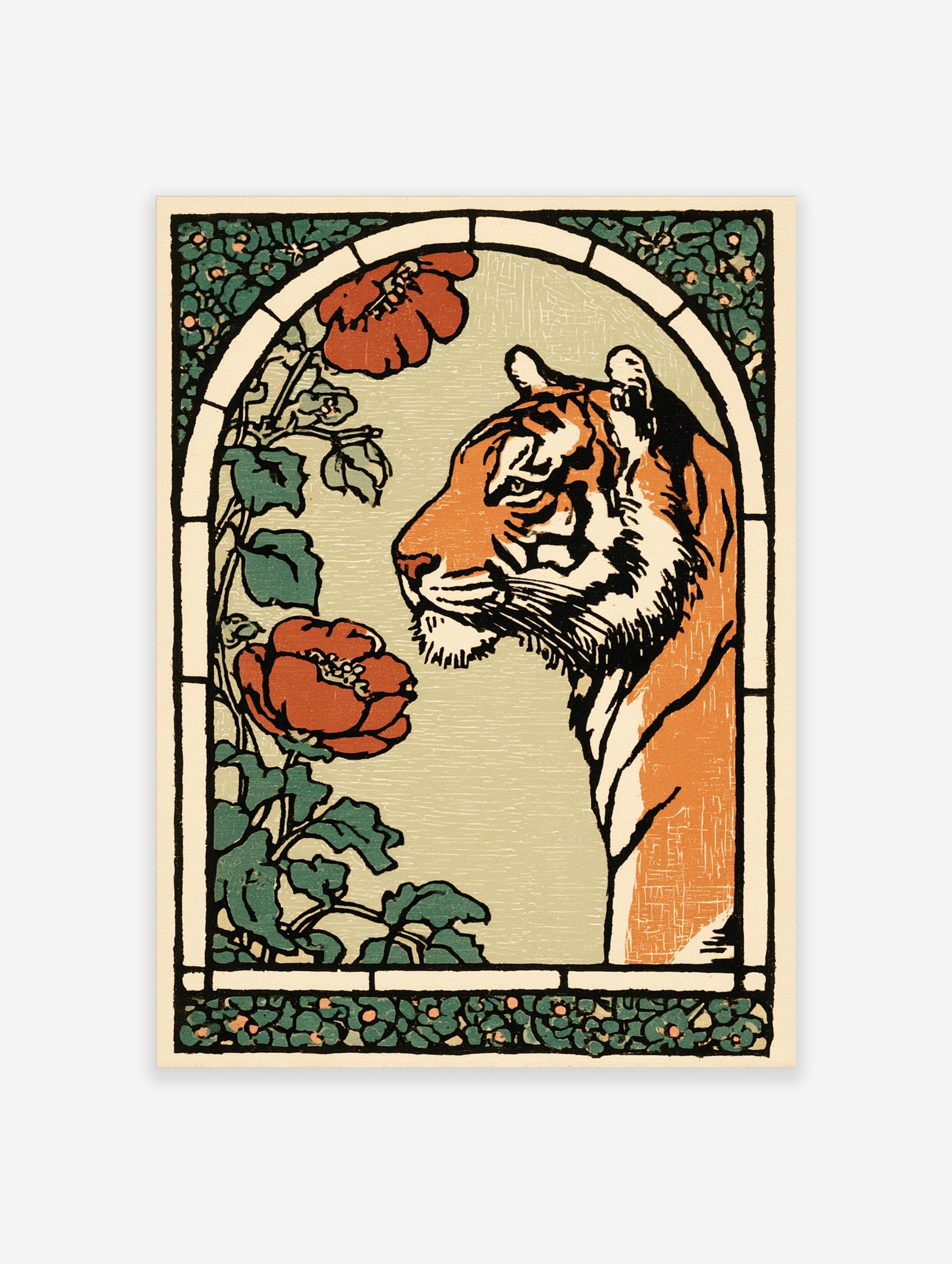 Art Nouveau style illustration of an orange tiger with red poppies and green foliage in an arched frame