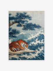 Japanese art poster featuring a tiger resting beside blue waves and a pine tree on a light background.