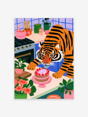 A whimsical illustration of a tiger icing a strawberry cake in a colourful kitchen with blue tiles and potted plants