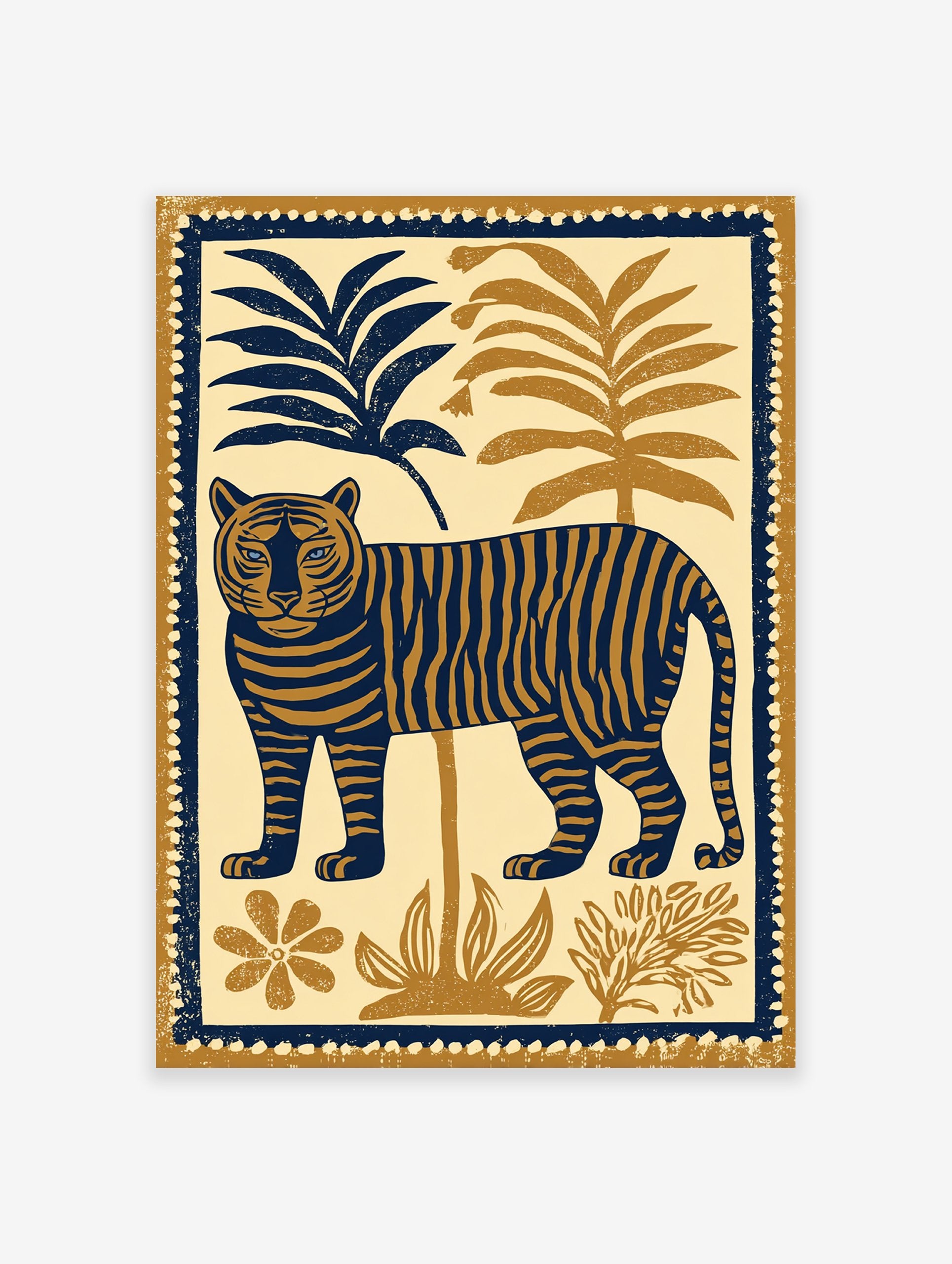 Tiger illustration art poster featuring a blue and brown tiger among tropical plants.