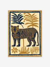 Tiger illustration art poster featuring a blue and brown tiger among tropical plants.