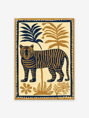 Tiger illustration art poster featuring a blue and brown tiger among tropical plants.
