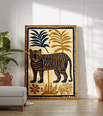 Tiger illustration art poster featuring a blue and brown tiger among tropical plants. - Image 3