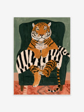 Illustrative art print of a tiger sitting in a green armchair with a black and white striped throw