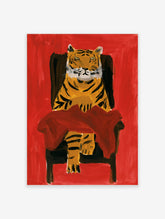 Painterly tiger portrait with orange and black stripes sitting on a chair against a solid vibrant red background