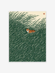 Tiger in grass poster with a stylized orange and black tiger peeking from dark green, wavy reeds against a light background.