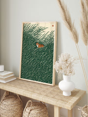 Tiger in grass poster with a stylized orange and black tiger peeking from dark green, wavy reeds against a light background. - Image 4