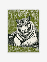 White tiger with black stripes resting in green jungle foliage, lino print style wall art