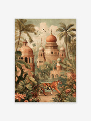 A vibrant Tiger Palace poster featuring a tiger walking through a lush jungle with Indian architectural buildings and palm trees.