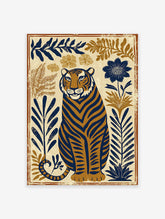 Tiger poster featuring a stylized blue and brown tiger sitting amongst botanical leaves and flowers on a cream background.