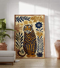 Tiger poster featuring a stylized blue and brown tiger sitting amongst botanical leaves and flowers on a cream background. - Image 3