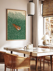 Japanese style tiger poster with an orange and black striped tiger in vibrant green tall grass, with a red seal in the top right. - Image 2
