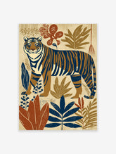 Illustrated tiger poster with blue and brown stripes standing amidst stylized jungle leaves in earth tones.