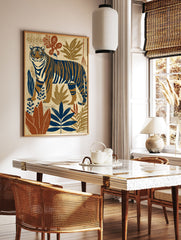 Illustrated tiger poster with blue and brown stripes standing amidst stylized jungle leaves in earth tones. - Image 2