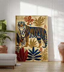 Illustrated tiger poster with blue and brown stripes standing amidst stylized jungle leaves in earth tones. - Image 3