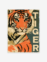 Orange tiger face poster with black stripes and vertical TIGER text on dark teal background