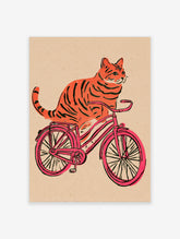 Orange tiger-striped cat riding a pink bicycle illustration on a textured beige background