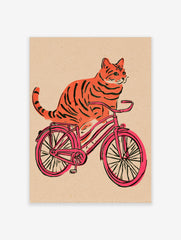 Orange tiger-striped cat riding a pink bicycle illustration on a textured beige background
