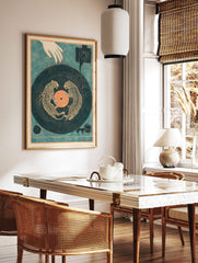 Illustrative tiger wall art print with two striped tigers on a dark blue vinyl record, with a hand, in a styled room mockup