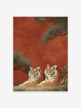 Two majestic tigers resting under pine branches against a reddish-orange background, in a traditional Asian style print.