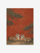 Asian style illustration of two tigers resting under pine trees on a red background. Tiger wall art print.