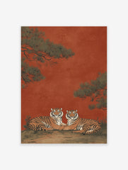 Asian style illustration of two tigers resting under pine trees on a red background. Tiger wall art print.