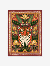 Tiger portrait with botanical leaves and flowers on red background art print