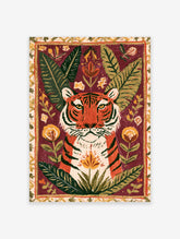 Tiger portrait with jungle leaves and orange flowers on a red background art print