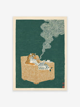 Illustrated tiger art print showing a tiger in an armchair reading a newspaper, smoking a pipe, on a green background.