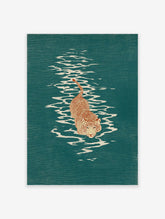Illustrated tiger walking through teal green water with white ripples, orange stripes on a cream body, animal wall art.