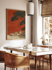 Two majestic tigers resting under a large pine tree against a red background in a traditional Japanese illustrative art print. - Image 2