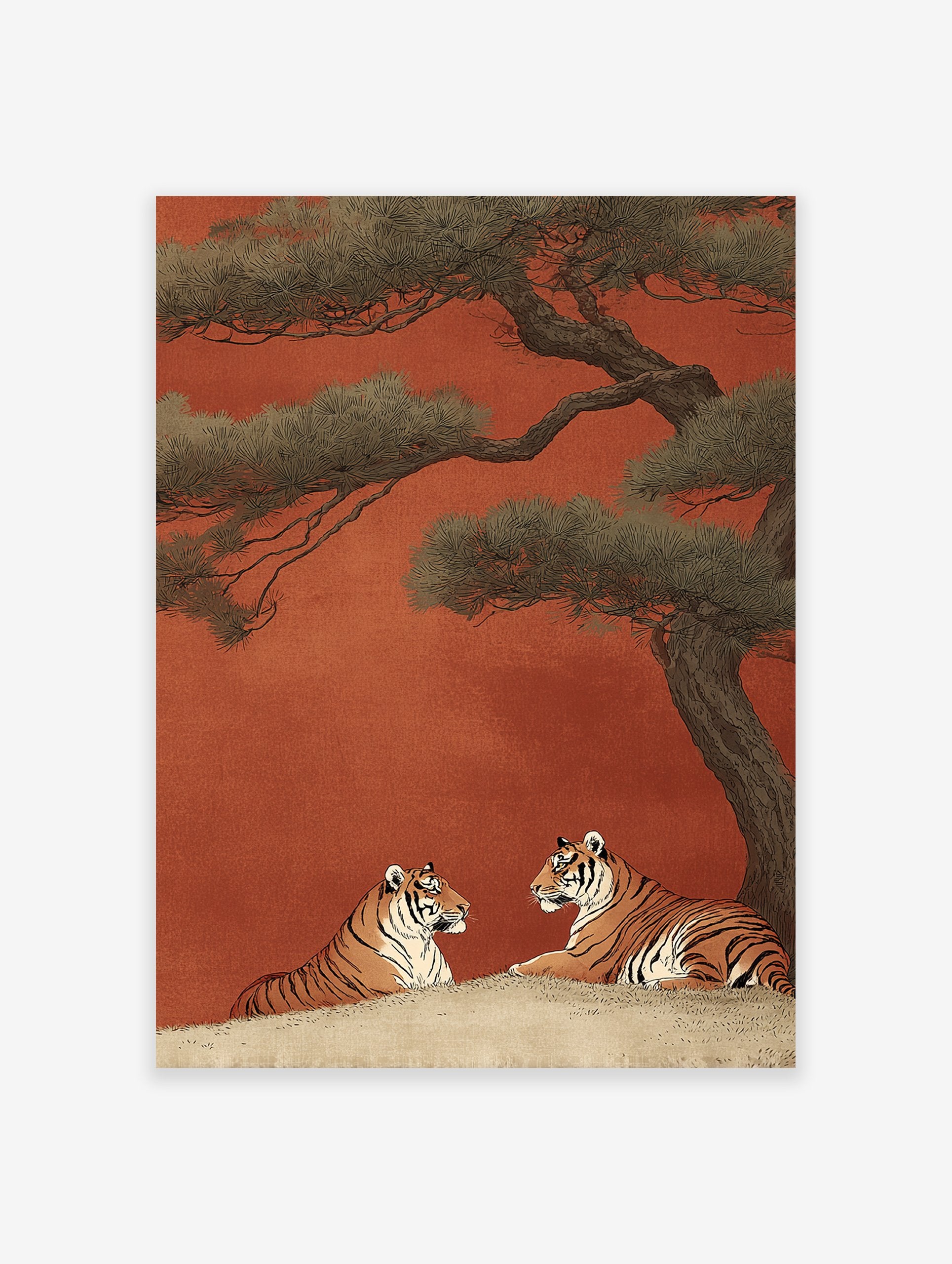 Japanese style Tiger Wall Art print with two tigers under a pine tree on a reddish-orange background.