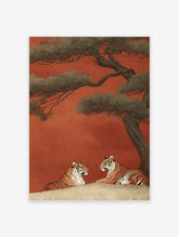 Japanese style Tiger Wall Art print with two tigers under a pine tree on a reddish-orange background.
