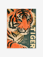 Close-up tiger face with orange and black stripes and vertical TIGER text on dark green background