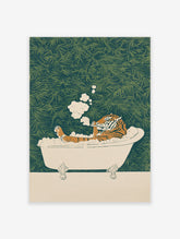 Illustrative art print of an orange and black tiger relaxing in a white bathtub filled with bubbles, smoking, against a green leaf background.