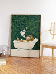 Illustrative art print of an orange and black tiger relaxing in a white bathtub filled with bubbles, smoking, against a green leaf background. - Image 2