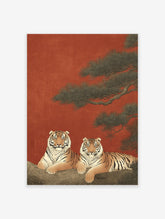 Traditional Asian Tiger Wall Art print with two striped tigers on a tree branch against a red background and pine needles