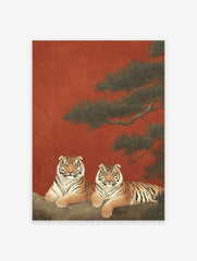 Traditional Asian Tiger Wall Art print with two striped tigers on a tree branch against a red background and pine needles