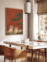 Traditional Asian Tiger Wall Art print with two striped tigers on a tree branch against a red background and pine needles - Image 2